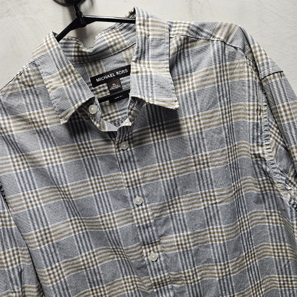 Michael Kors grey/white/tan plaid long sleeve button up shirt ~ mens XL slim fit